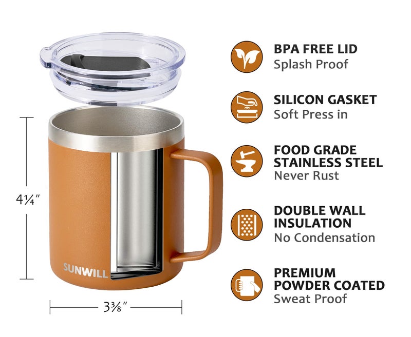SUNWILL Insulated Coffee Mug with Lid, Travel Tumbler with Handle, 14 oz Stainless Steel Cup for Camping, Office, Home, Powder Coated Caramel - Image 2